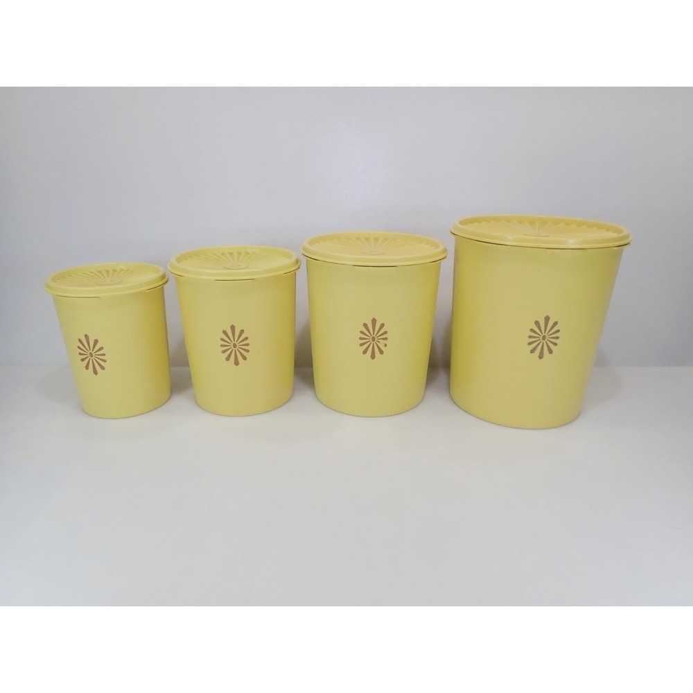 Vintage Tupperware Yellow Servalier Nesting Canister Set 4 Sunburst Starburst Li